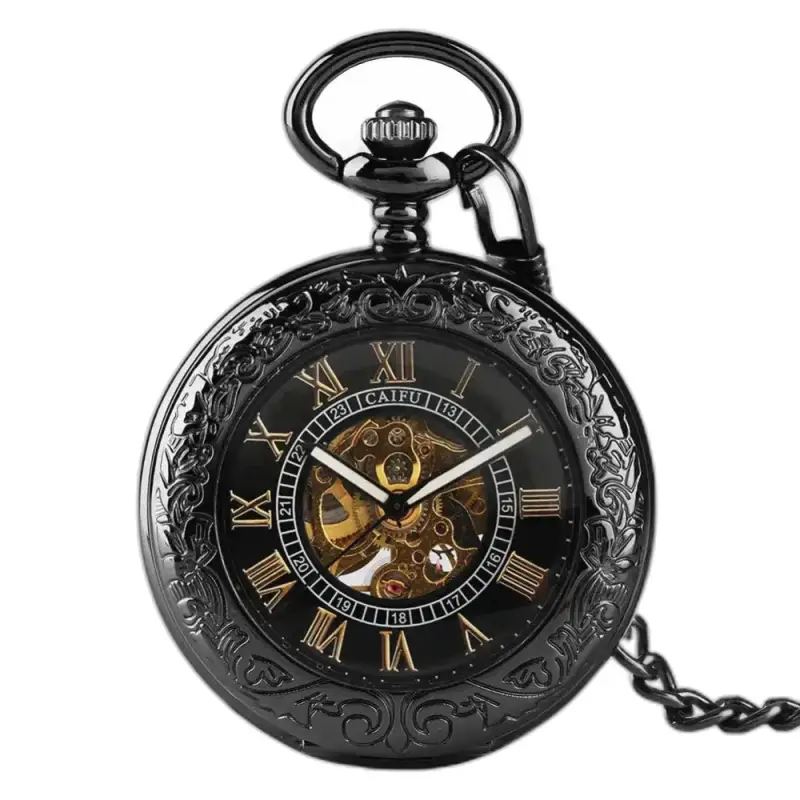 Musta Steampunk Iridium automaattinen taskukello hienostuneessa iridiumtaskussa