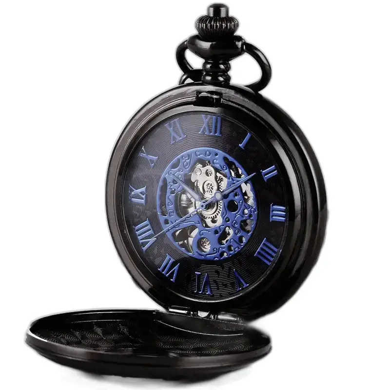 Steampunk Double Demi Hunter tyylikäs taskukello sinisillä roomalaisilla numeroilla