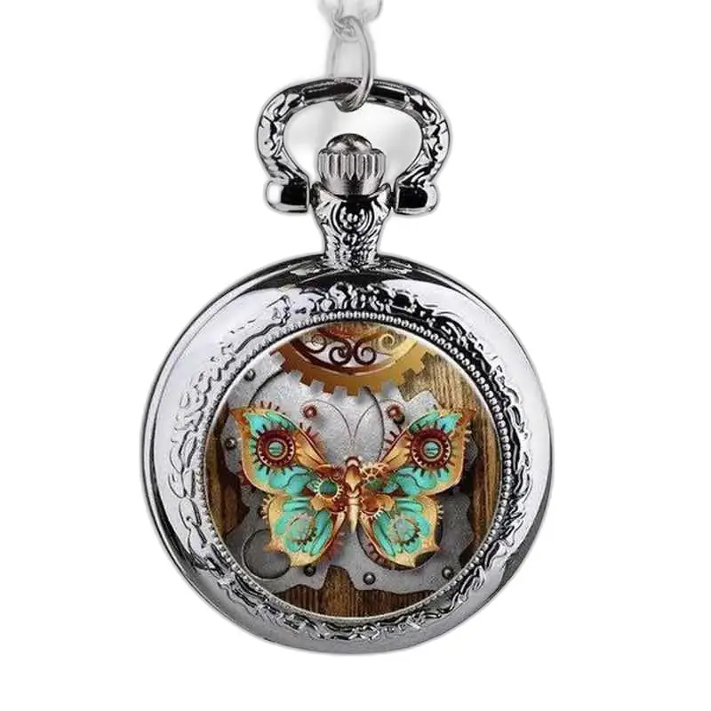 Butterfly Necklace Watch Amber and Turquoise steampunk design perhosella