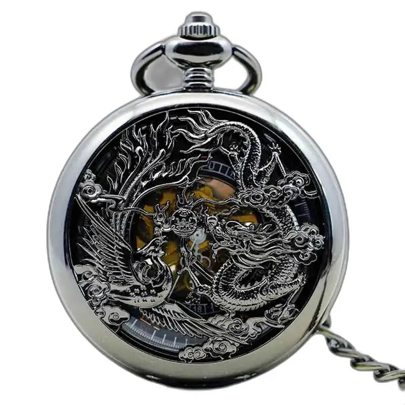 Steampunk Erbium Luxe Gusset taskukello lohikäärme- ja feeniks-kuvioinnilla hopealla