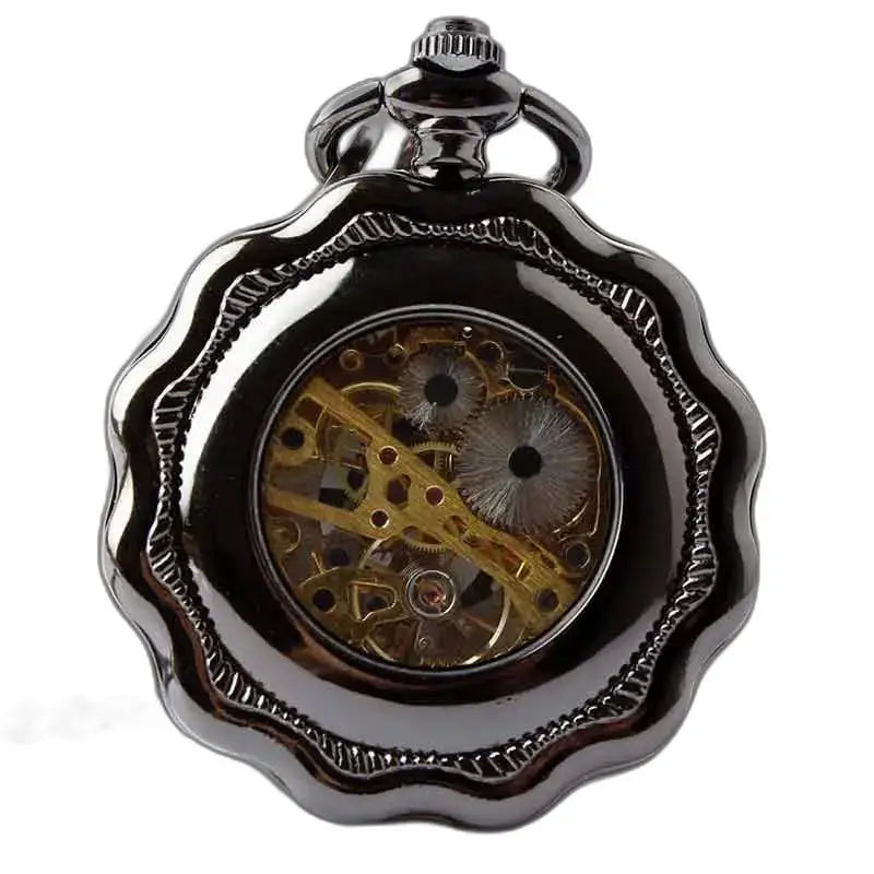 Steampunk Platinum Gusset -taskukello, jossa on tyylikäs mekaaninen musta muotoilu