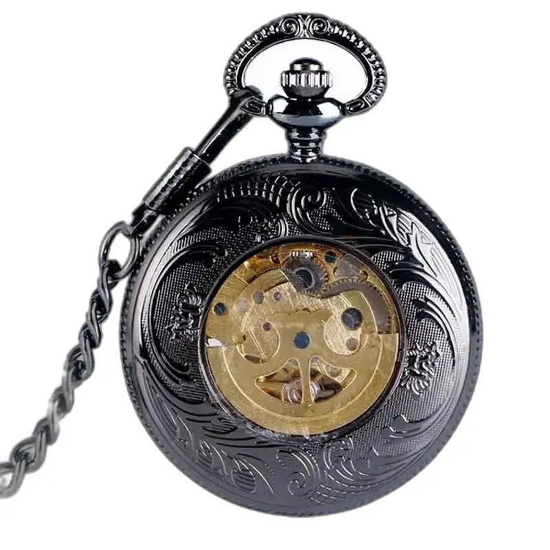 Steampunk Rhodium Gusset taskukello koristeellisella mustalla designilla
