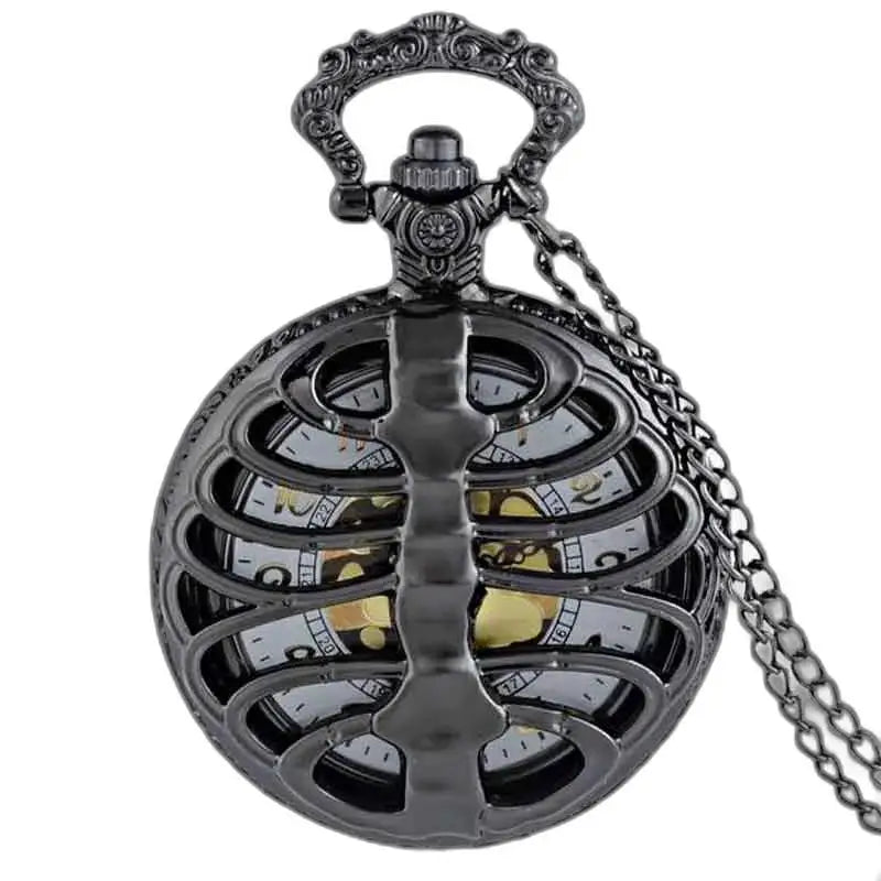 Steampunk Palladium taskukello mustalla luuranko-rintakehällä