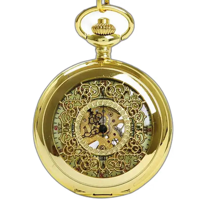 Steampunk-taskukello kultaa, näkyvä mekaniikka, todellinen kultahippu