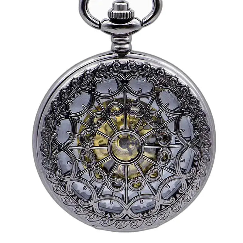 Steampunk Nickel Silver taskukello näkyvällä mekanismilla koristeellista hopeaa