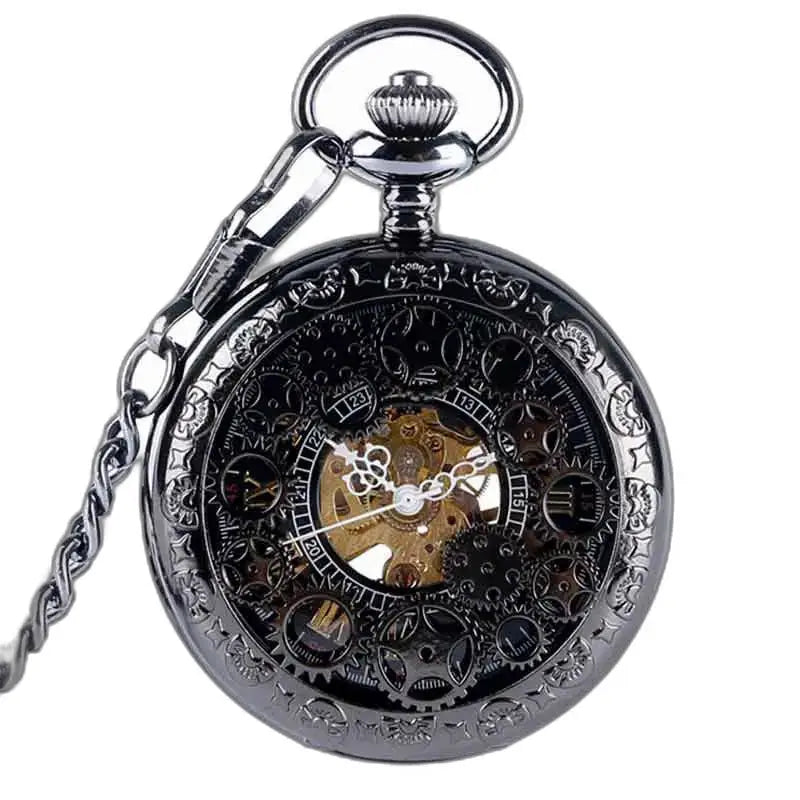 Steampunk taskukello näkyvällä mekanismilla ja tyylikkäällä mustalla ketjulla