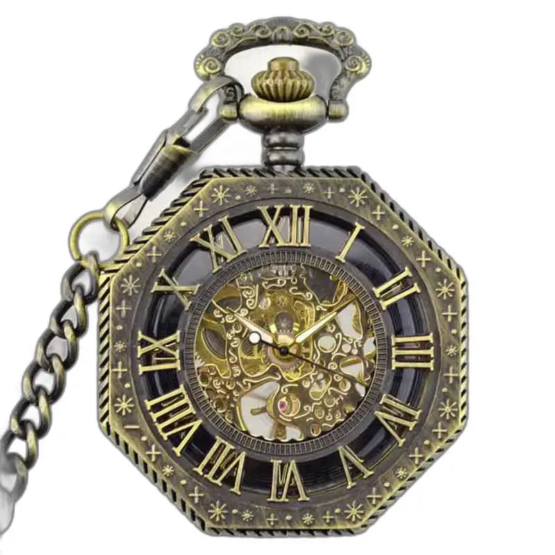 Steampunk miesten pronssinen taskukello ketjulla ja luurankomekanismilla