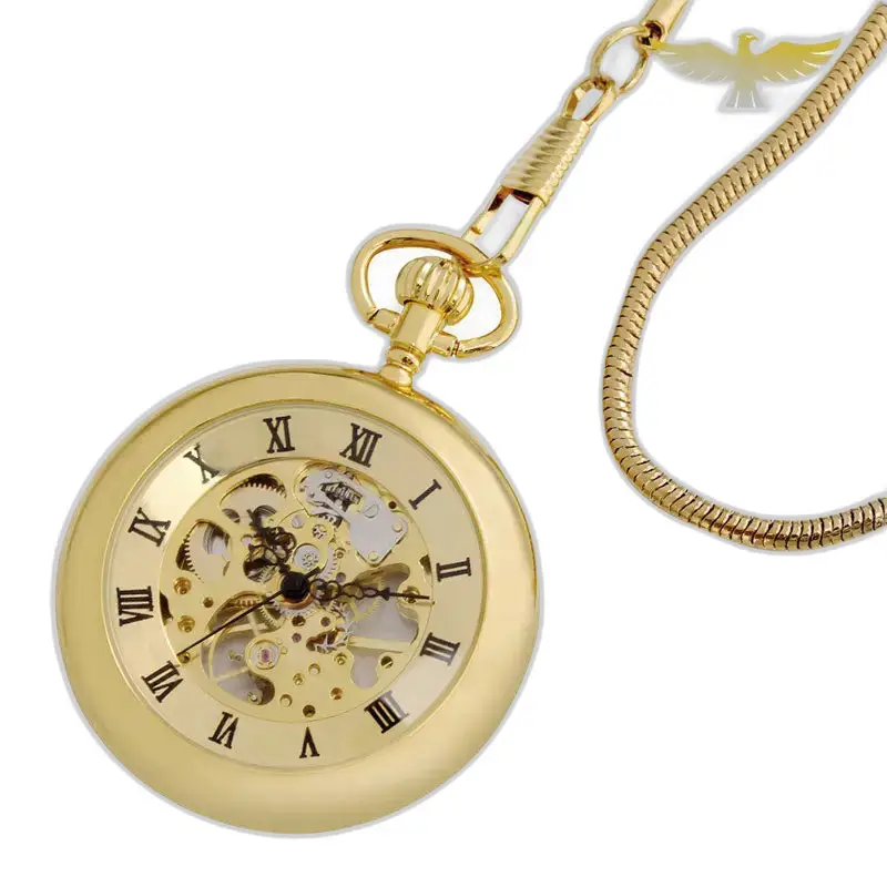 Montre à gousset mécanique moderne en or avec chaîne et aiguille de remontage manuel