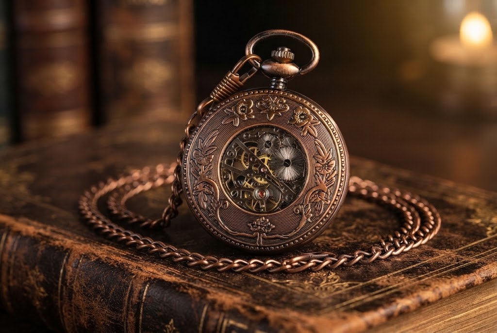 Montre à Gousset Mécanique Squelette Cuivre Homme - Relief floral, rouages apparents