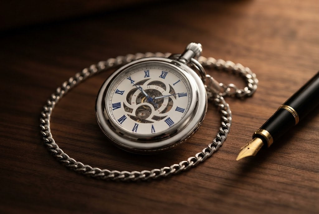 Montre à Gousset Automatique Gravée Homme - Argenté, chiffres bleus, rouages visibles